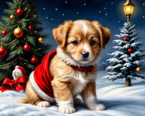 Christmas Puppies in Snow with Festive Decorations