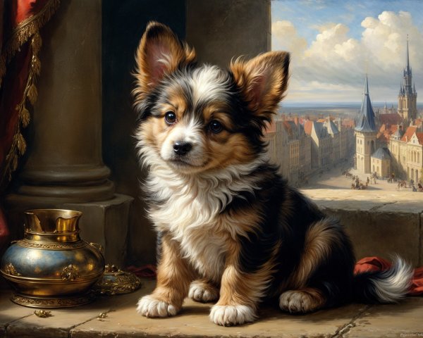 Fluffy Puppy in Ornate Room with Cityscape View