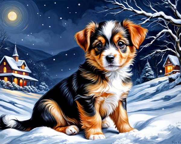 Puppy in Snowy Landscape with Cozy Cottages and Moonlight