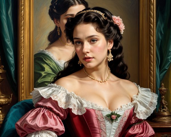 Thoughtful Young Woman in Lavish Gown and Jewelry