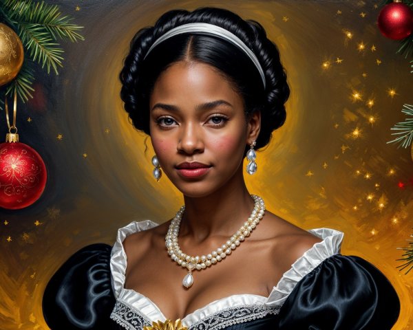 Portrait of a young woman in a black gown with ornaments