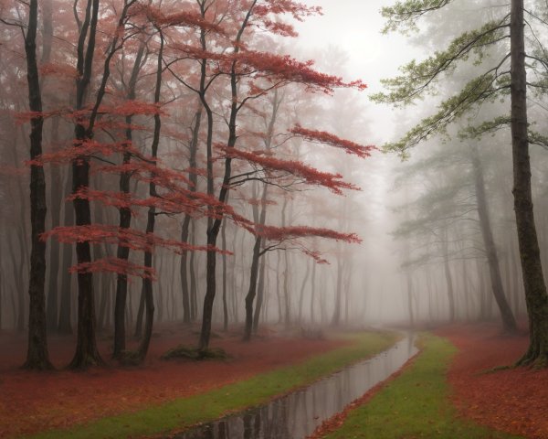 Serene misty forest with vibrant red leaves and stream