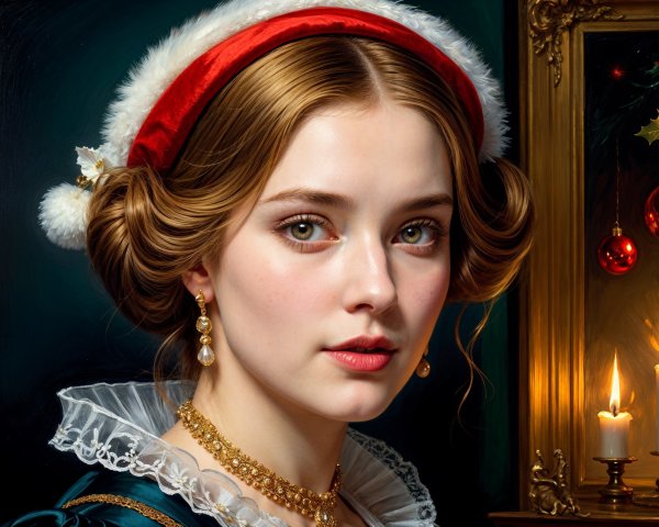 Young Woman in Victorian Dress with Holiday Decor