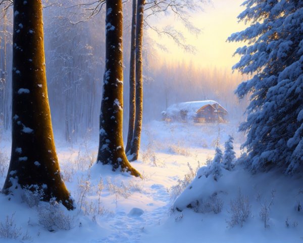 Snow-covered ground with cabin and tall trees in misty forest.
