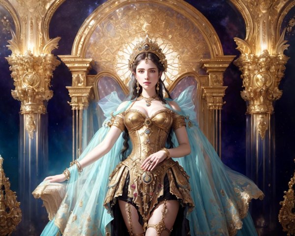 Woman in golden corset and blue gown against regal backdrop