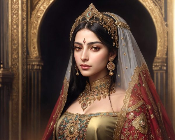 Regal woman in gold and red attire with ornate jewelry