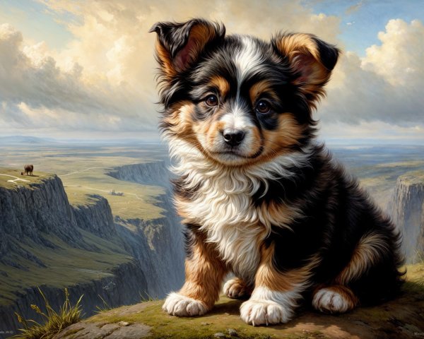 Fluffy Puppy on Grassy Ledge with Scenic Landscape