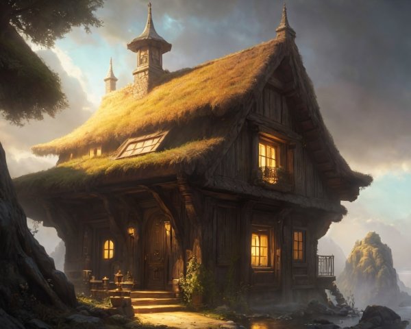 Wooden cottage with thatched roof by the sea at sunset