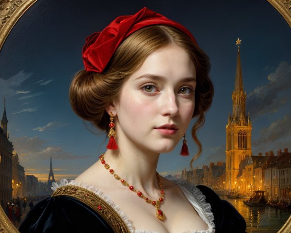 Young woman with red ribbon in cityscape at dusk