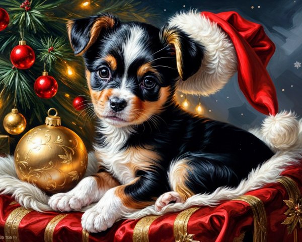 Puppy in Santa Hat on Red Blanket with Holiday Decor