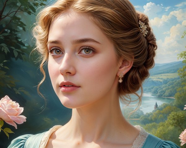 Young Woman in Elegant Dress with Floral Accessory