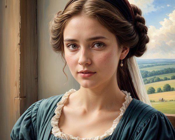 Young Woman in Historical Dress by Rustic Window