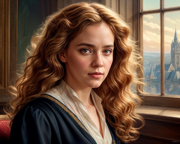 Young Woman in Elegant Outfit by Cityscape Window