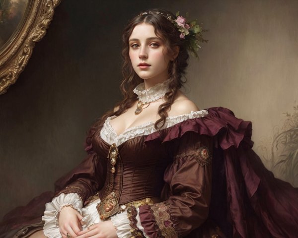 18th-Century Woman in Burgundy Gown with Lace Collar
