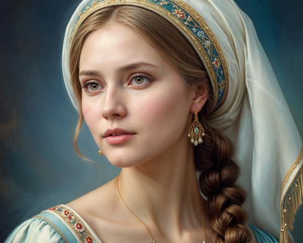 Young woman in historical attire with intricate details