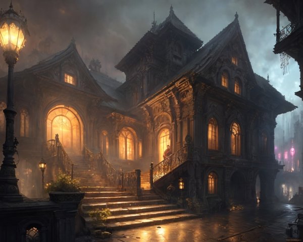 Ornate mansion with warm light in misty atmosphere