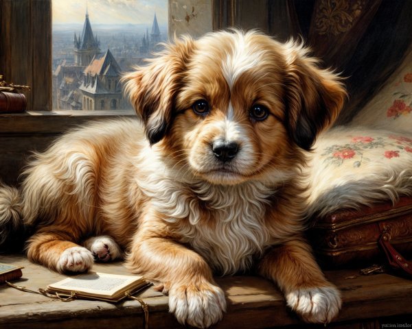 Fluffy golden-brown puppy on a cozy window seat