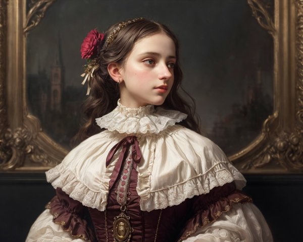 Elegant Historical Dress with Red Flower Accent