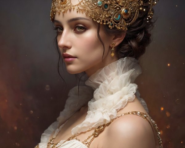 Regal Woman in Bejeweled Costume and Crown