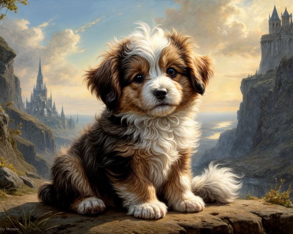 Tri-colored puppy on rocky ledge with castle backdrop