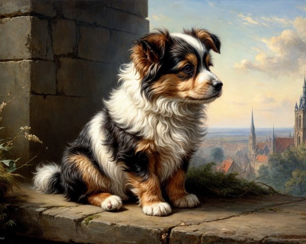 Fluffy Tri-Color Dog on Stone Ledge in Scenic Landscape