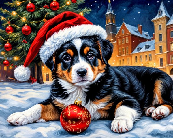 Puppy in Santa Hat Amidst Christmas Decorations