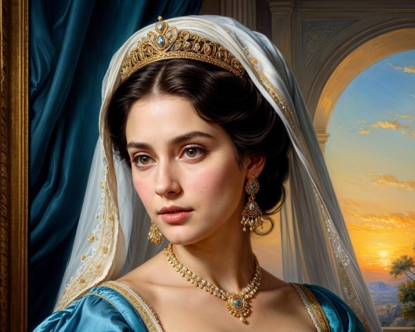 Young woman in blue gown with tiara at sunset