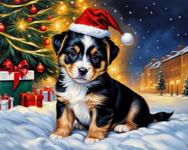 Puppy in Santa Hat with Christmas Tree and Gifts