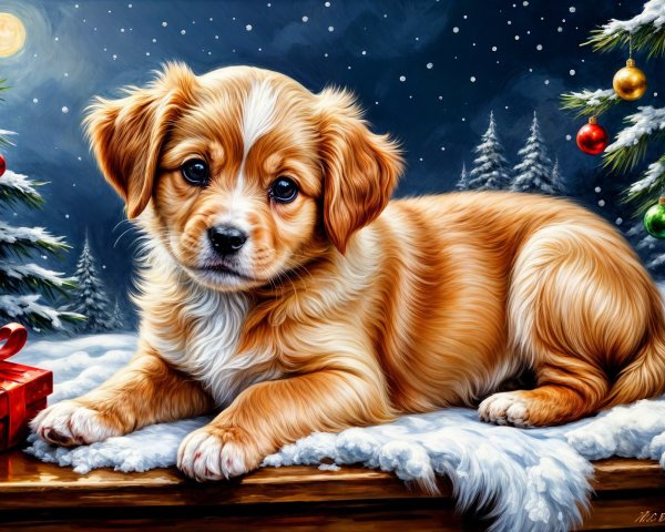 Fluffy Golden-Brown Puppy in Snowy Holiday Setting