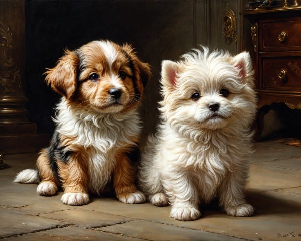 Puppies on Wooden Floor in Ornate Room Setting