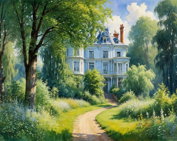 Victorian Mansion Surrounded by Lush Greenery and Wildflowers