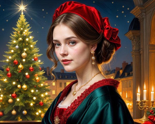 Young Woman in Festive Historical Dress by Christmas Tree