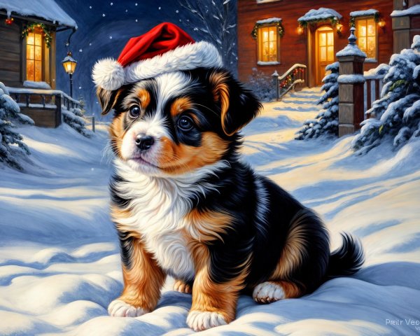 Fluffy Puppy in Snowy Landscape with Santa Hat