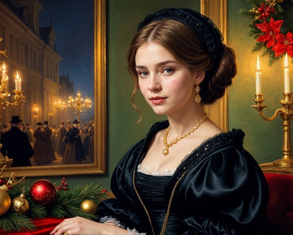19th-Century Woman in Elegant Black Gown and Decor