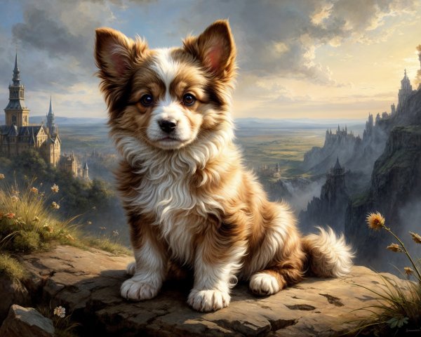 Corgi Puppy on Rocky Ledge with Scenic Landscape