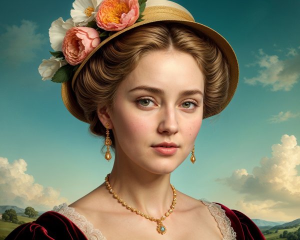 Young woman in vintage dress with serene expression