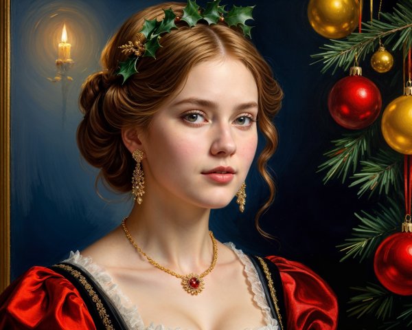 Young Woman in Red Dress with Holiday Decorations