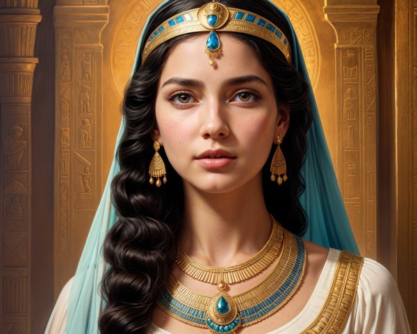 Young woman in white with gold jewelry and Egyptian backdrop