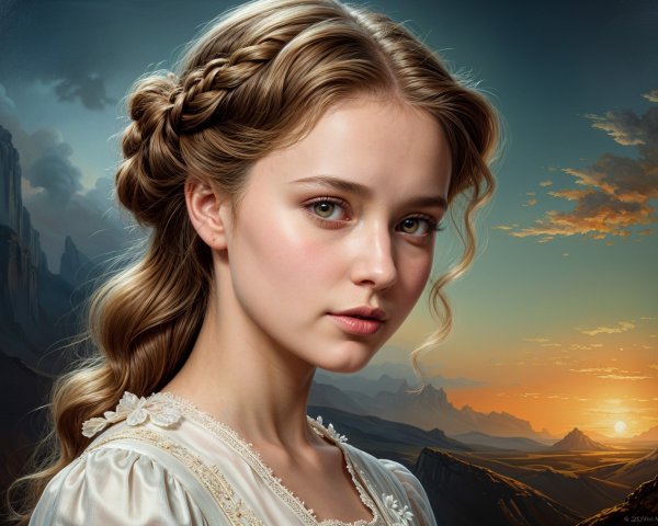 Young girl with braided hair at sunset in mountains