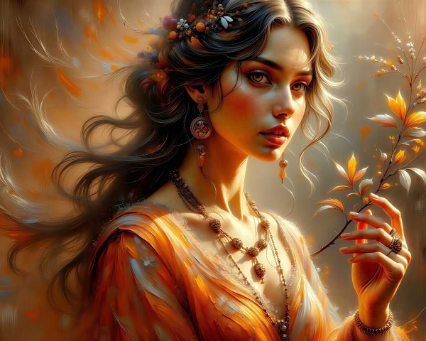 Woman with Dark Hair in Floral Attire and Jewelry