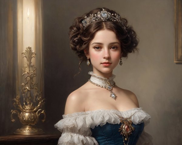 Young woman in elegant blue dress and tiara against classic backdrop exudes regal serenity
