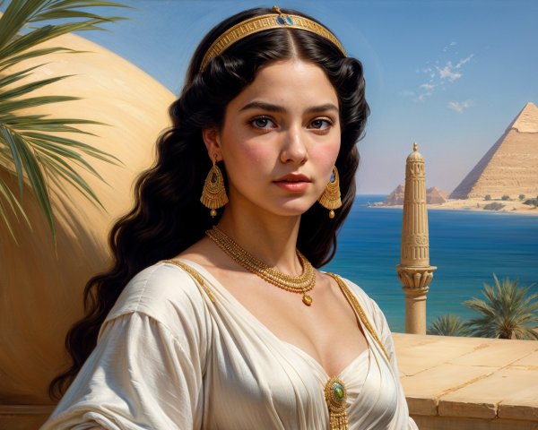 Young Woman in White Gown by Egyptian Pyramids