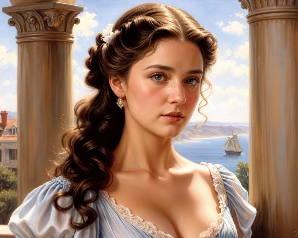 Serene Young Woman in Light Blue Dress by Seascape