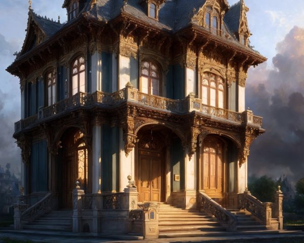 Victorian-style mansion with ornate details and statues
