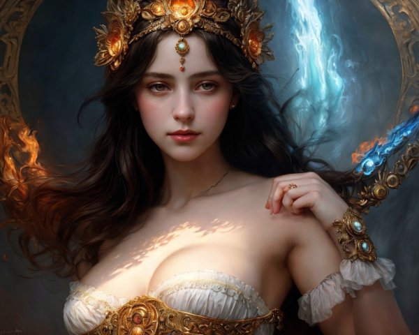 Female figure in ornate jewelry with ethereal aura
