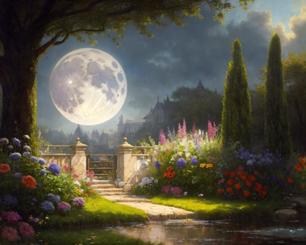 Tranquil garden path under full moon near pond and castle