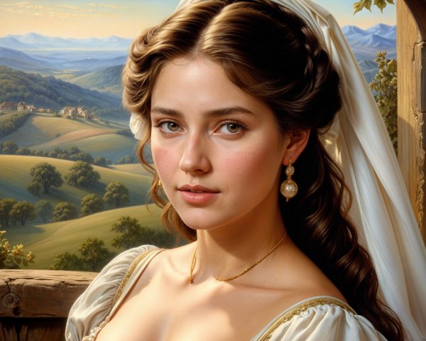 Portrait of a Young Woman in Historical Gown by Window
