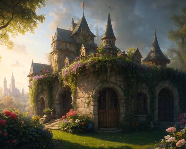 Stone castle with towers, ivy, and blooming flowers at sunrise