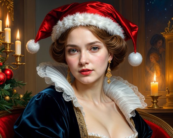 Young woman in dark gown by decorated Christmas tree