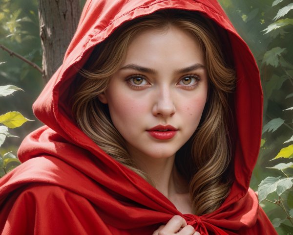 Young woman in red hood amidst enchanting greenery